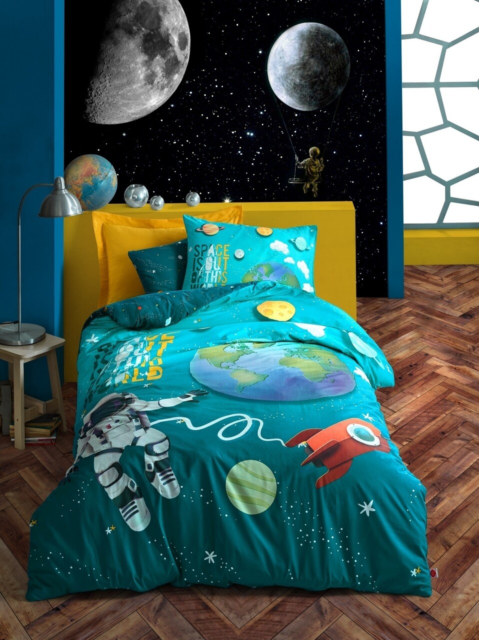 Lenjerie de pat pentru o persoana Little Astronaut - Turquoise, Cotton Box, 3 piese, bumbac ranforce, turcoaz - imagine 3